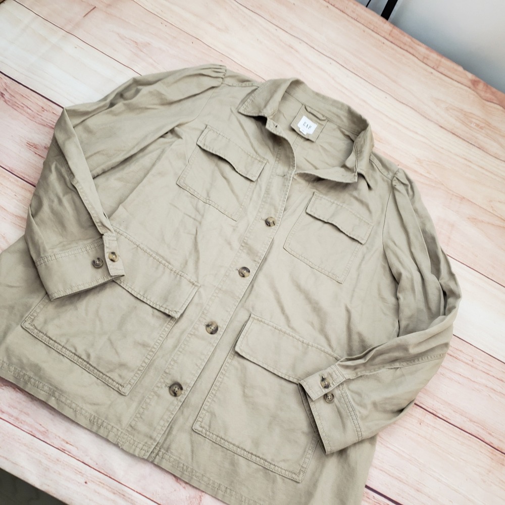 GAP Jacket Women XL Khaki Tan Cotton Linen Blend Utility Field Button Ladies - Picture 2 of 9